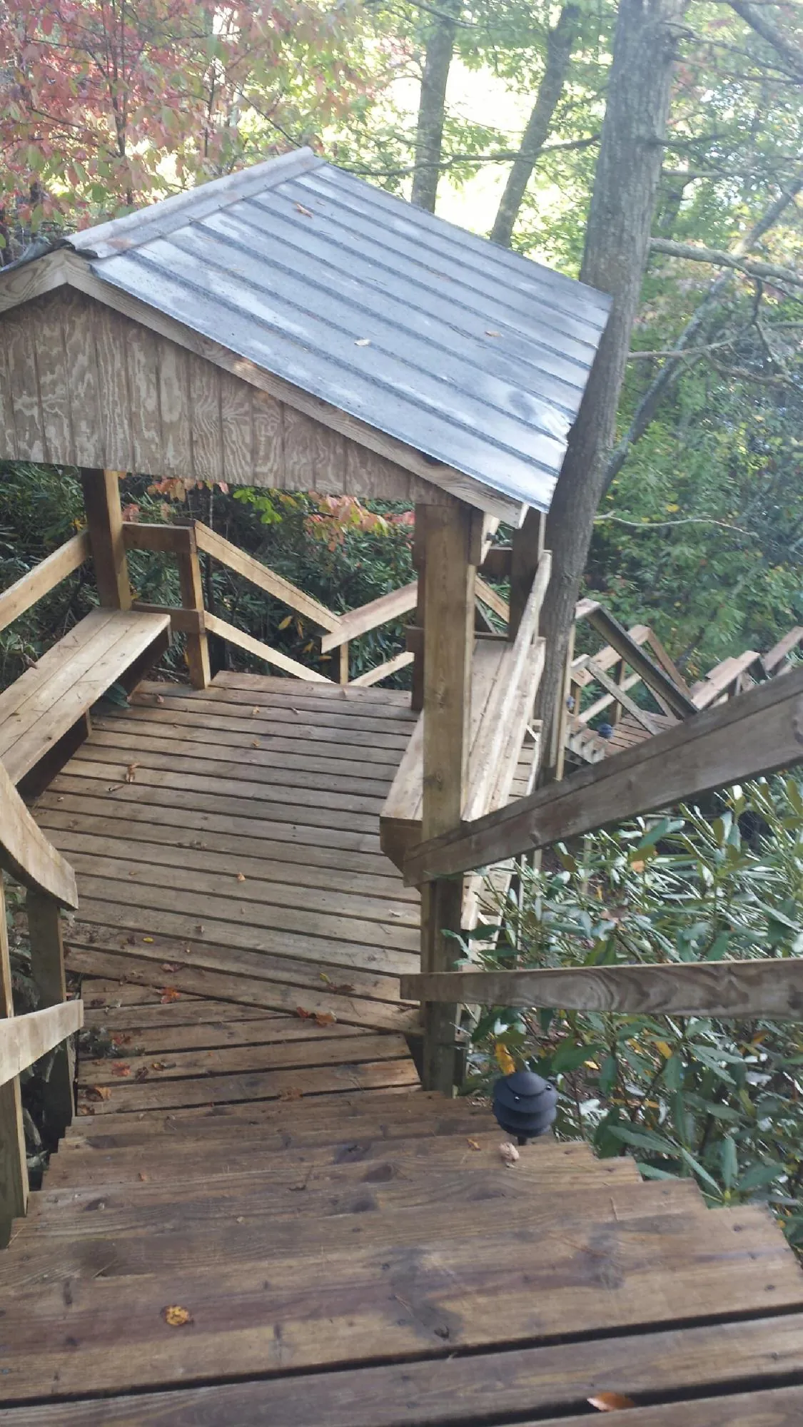 Metal roofed shelter over wooden steps on a wooded walkway — Skylight Repair & Installation work by our crew in Cramerton